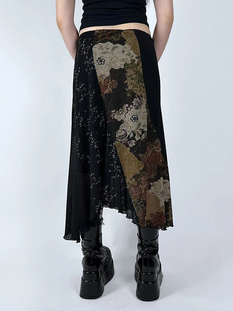 Vintage Floral Print Laced Long Skirt