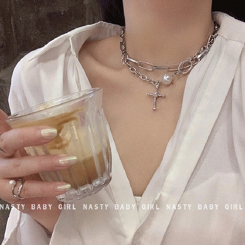 Vintage Pearls Cross Pendant Necklace