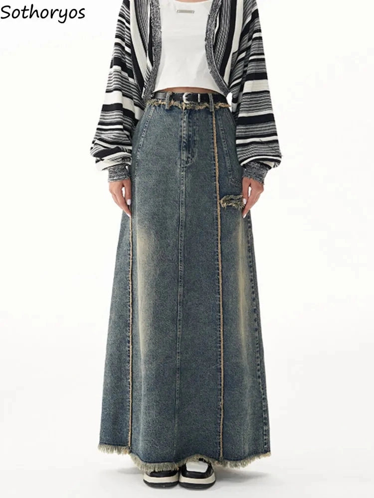 Patchwork Denim Washed Long Skirt