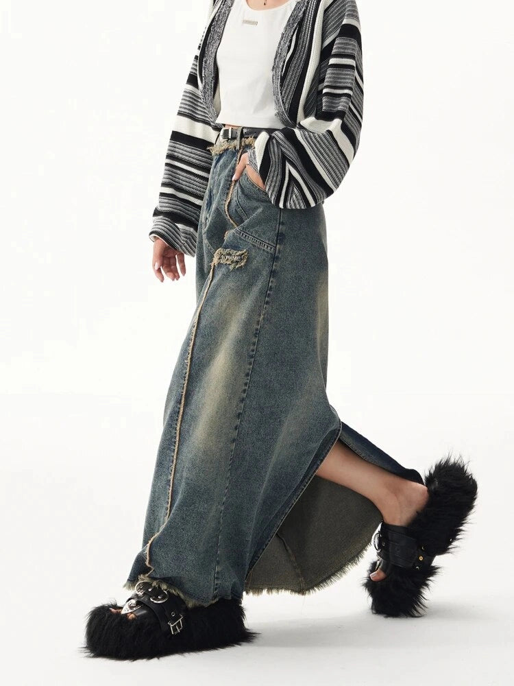 Patchwork Denim Washed Long Skirt
