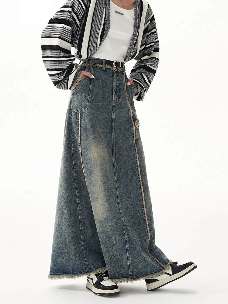 Patchwork Denim Washed Long Skirt