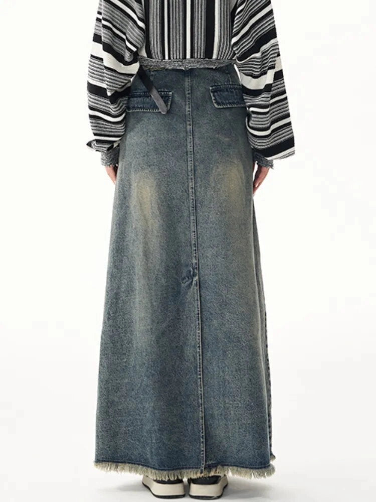 Patchwork Denim Washed Long Skirt
