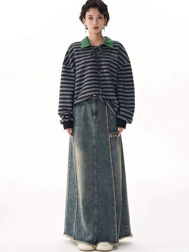 Patchwork Denim Washed Long Skirt