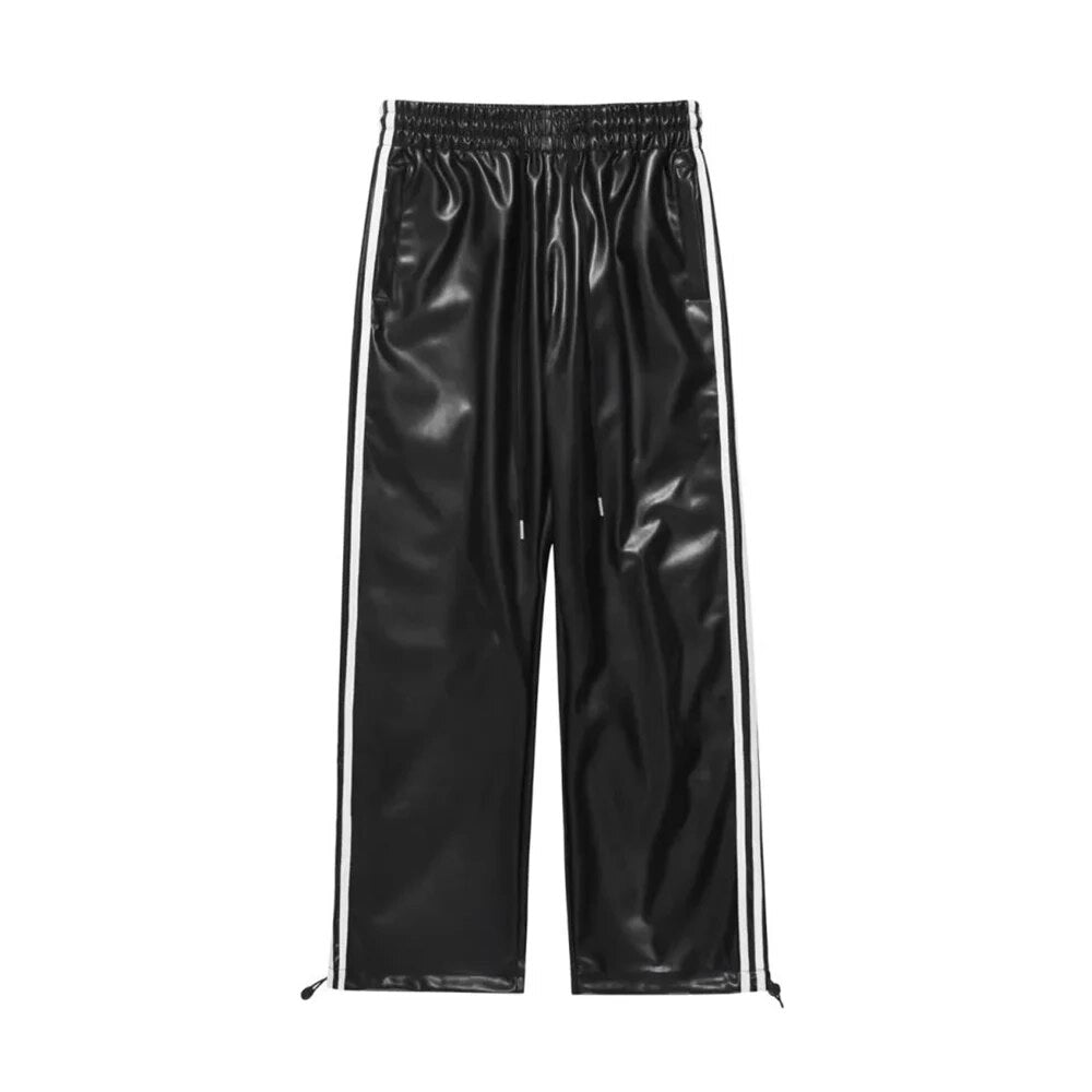 PU Leather Three Stripes Loose Pants