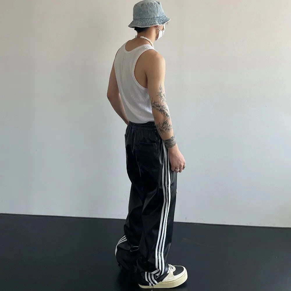 PU Leather Three Stripes Loose Pants