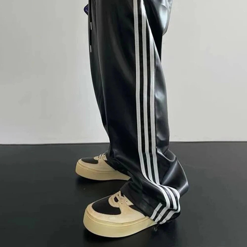 PU Leather Three Stripes Loose Pants
