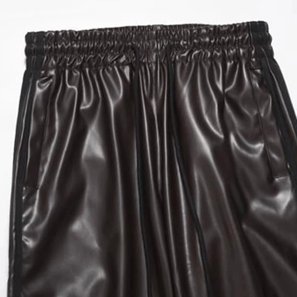 PU Leather Three Stripes Loose Pants