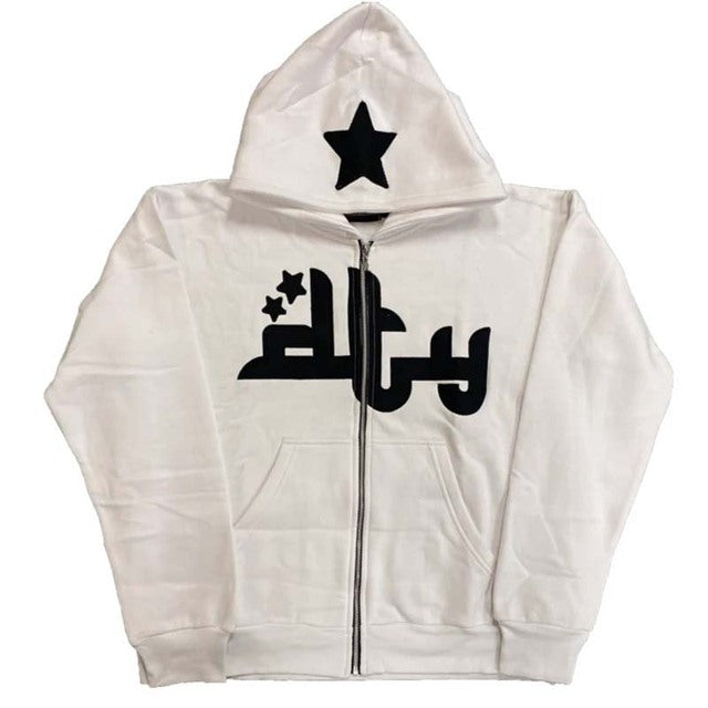 Star Letter Print Zipper Hoodies