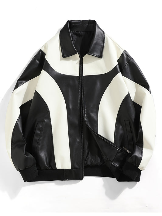 Colour Block PU Leather Jacket