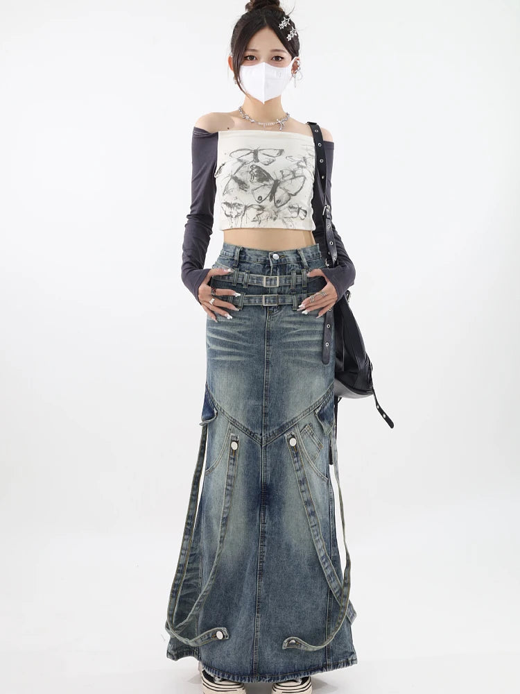 Long Washed Denim Skirt