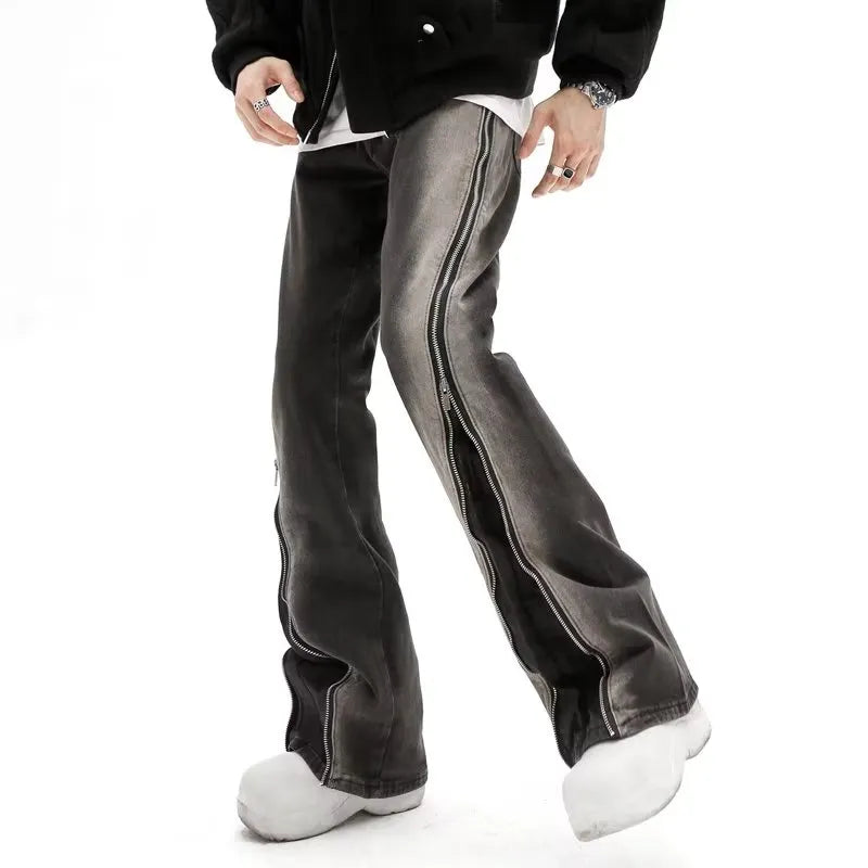 Zipper Flared Washed Jeans