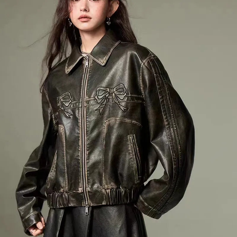 Coquette Bow Faux Leather Jacket