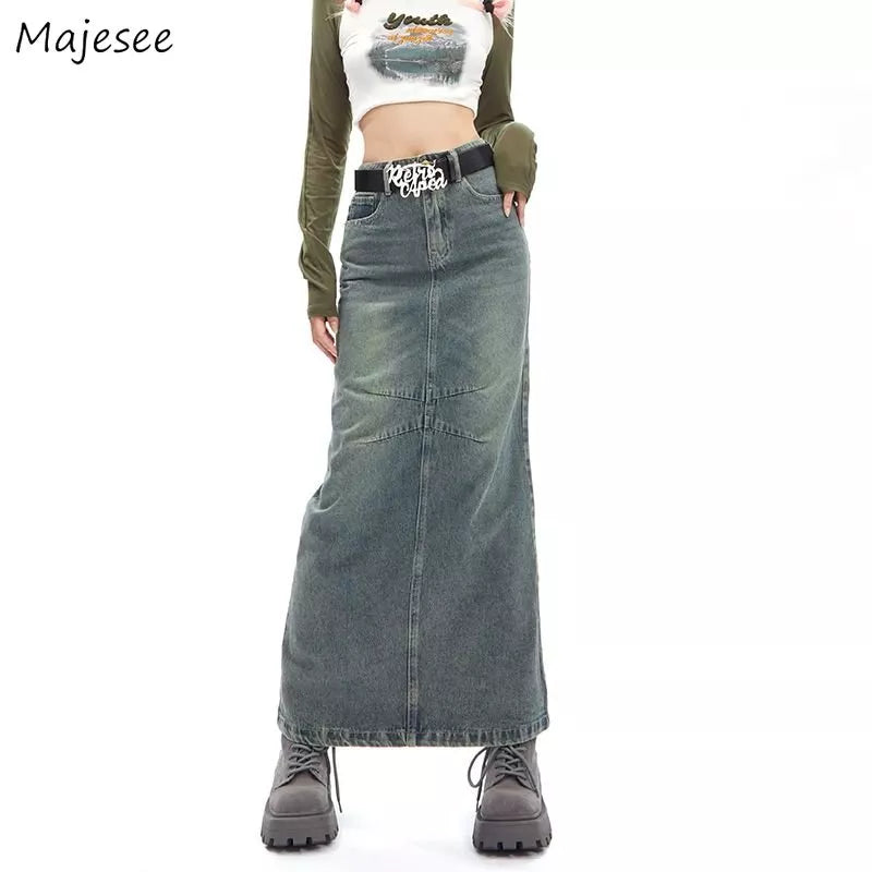 Retro Maxi Washed Denim Skirt