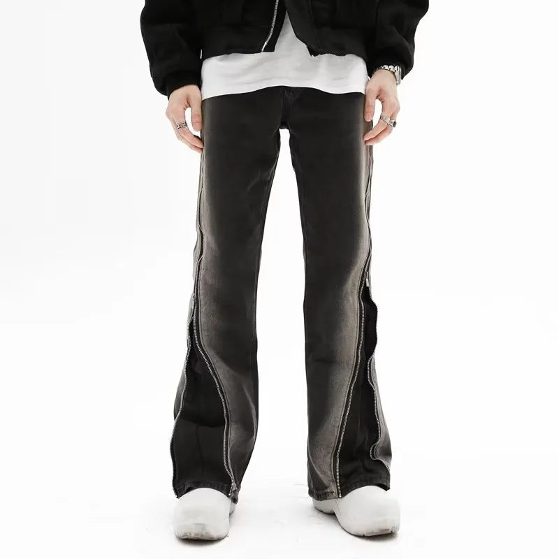 Zipper Flared Washed Jeans