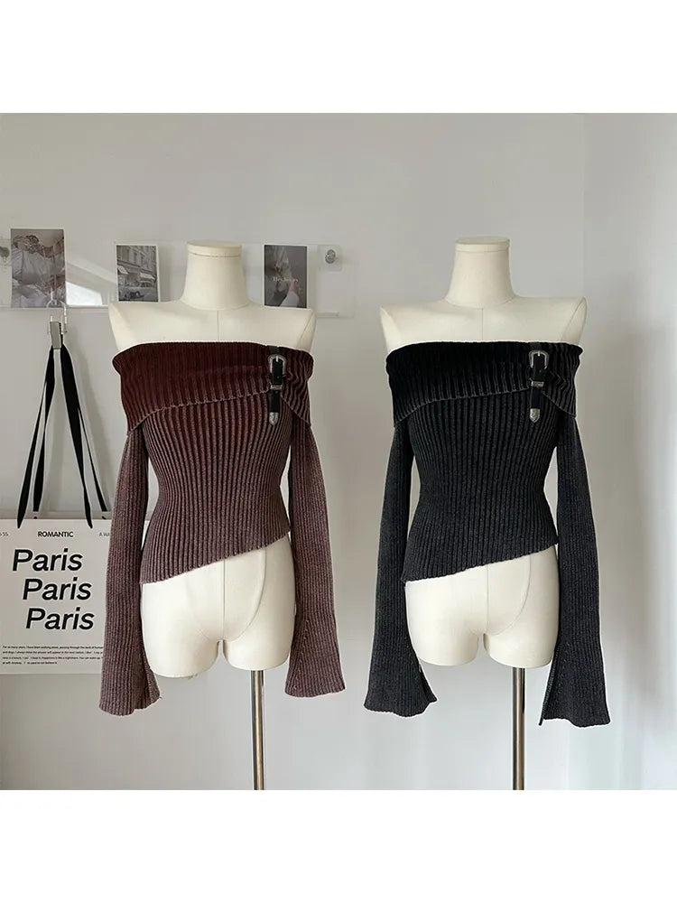 Off Shoulder Longsleeve Stripped Knit