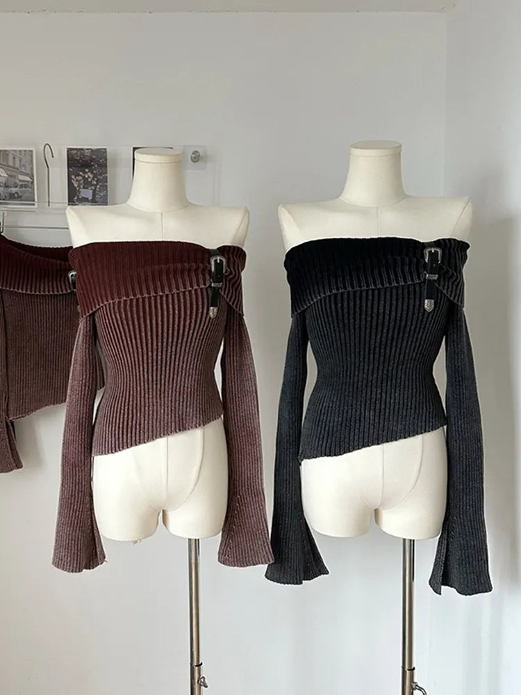 Off Shoulder Longsleeve Stripped Knit