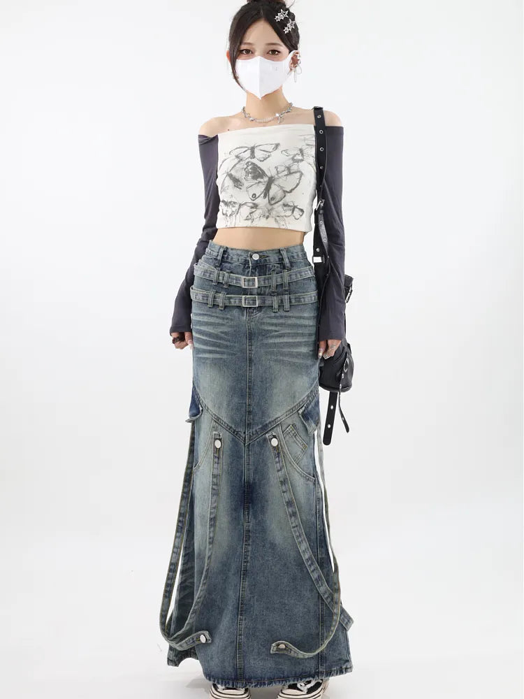 Long Washed Denim Skirt