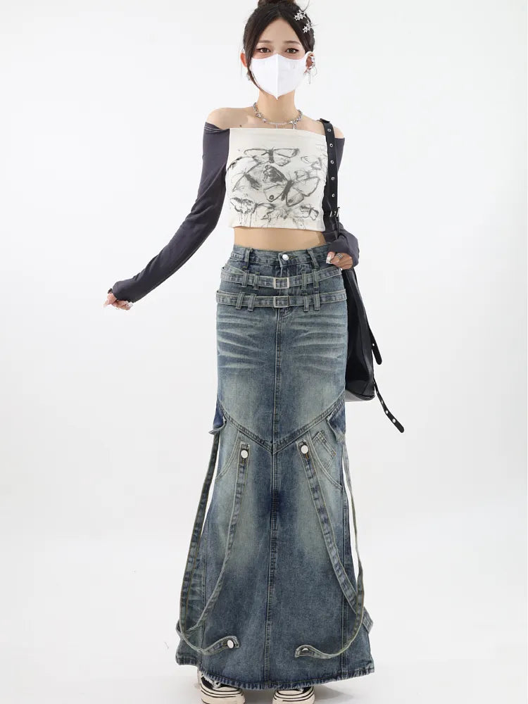 Long Washed Denim Skirt