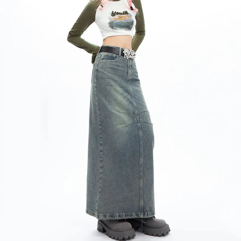 Retro Maxi Washed Denim Skirt