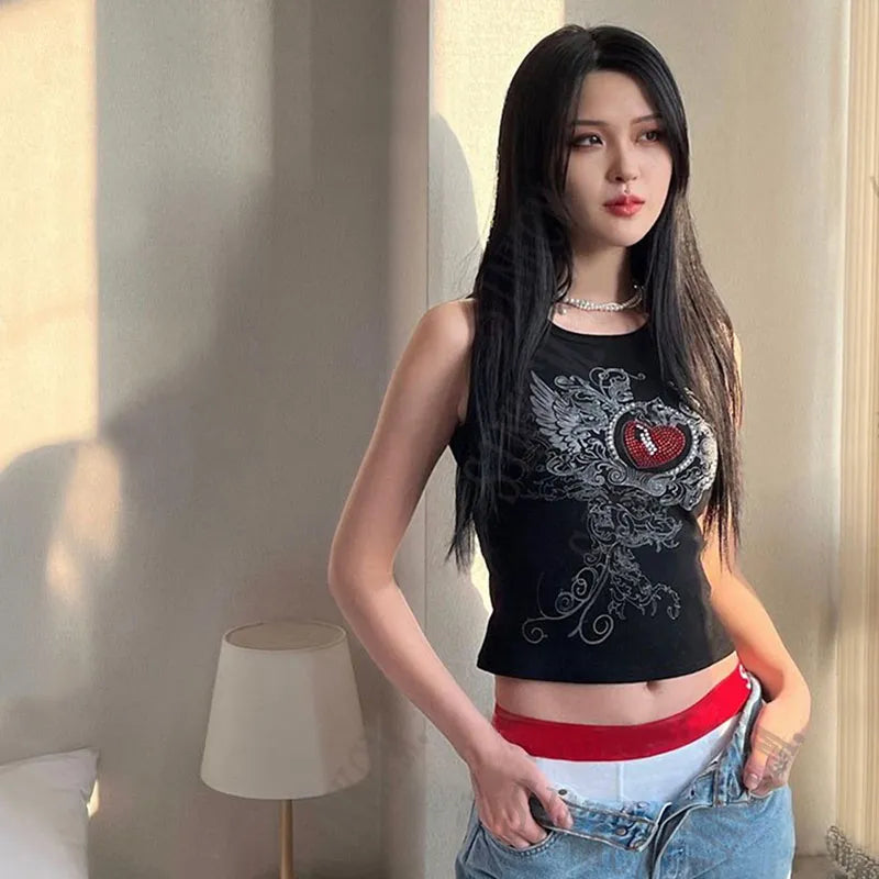 Rhinestones Graphic Tank Cropped Top