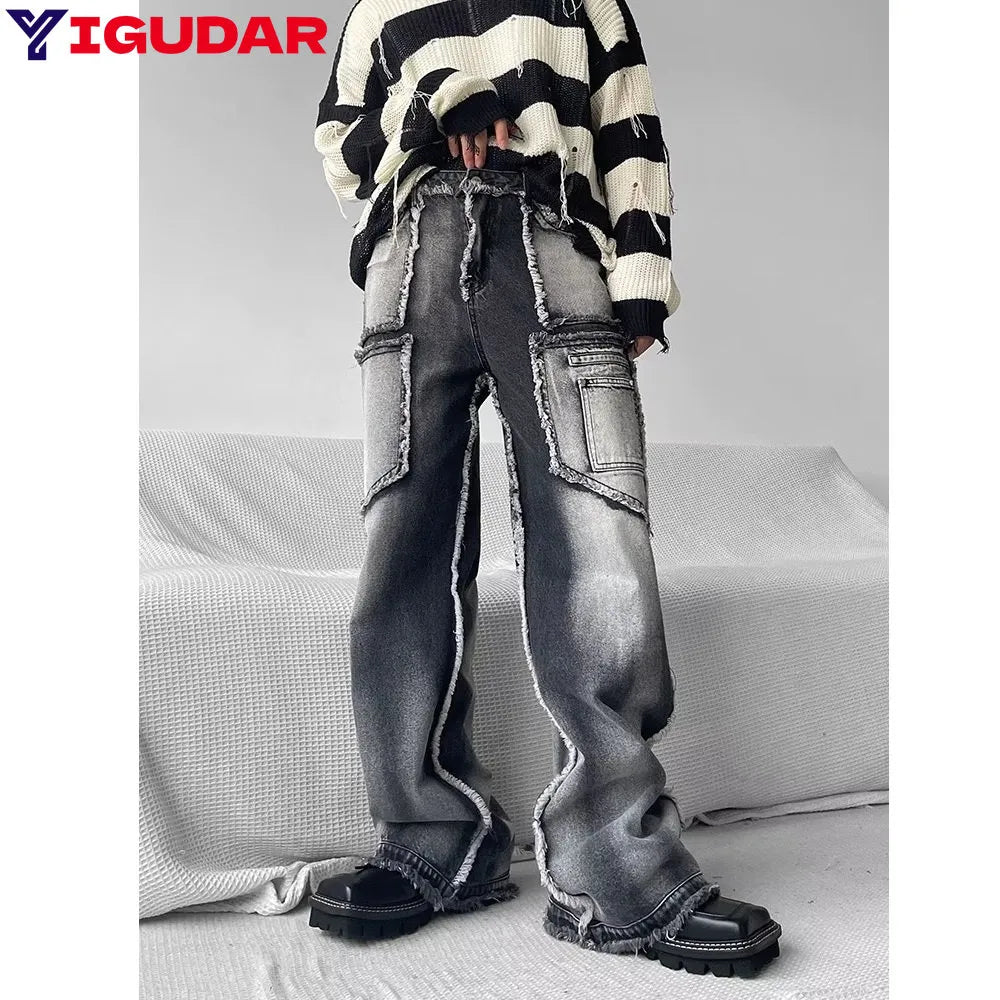Washed Disstresed Wide Leg Jeans
