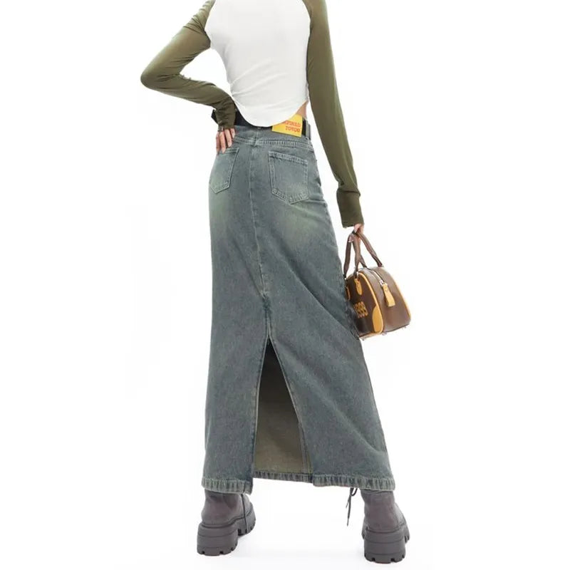 Retro Maxi Washed Denim Skirt