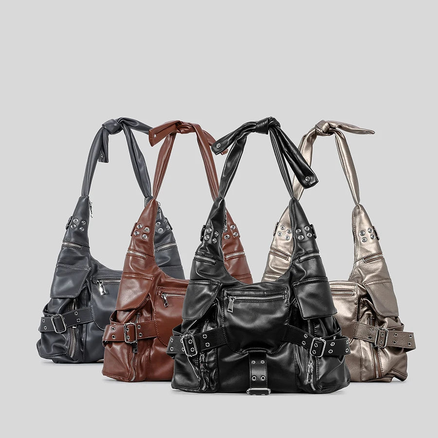 Multiple Pocket Faux Leather Shoulder Bag