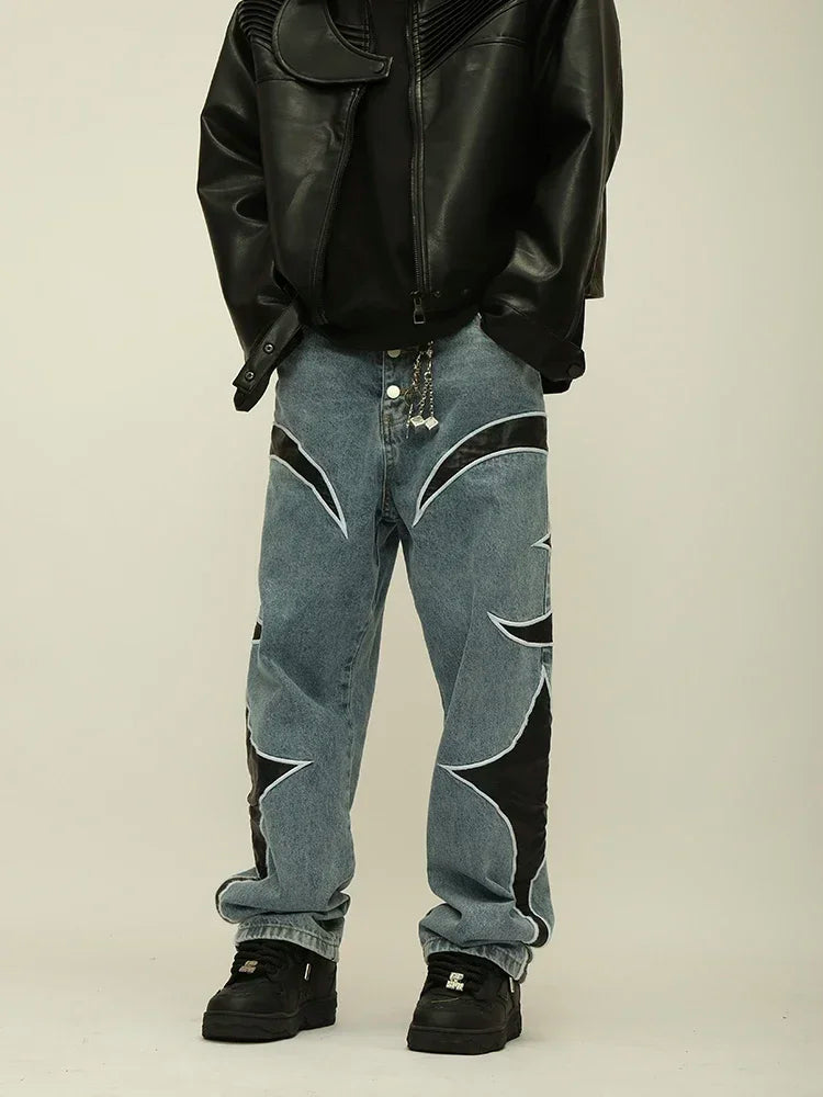 PU Leaher Embroidery Patchwork Baggy Jeans