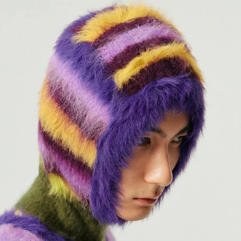 Contrast Fluffy Mohair Balaclava Hat