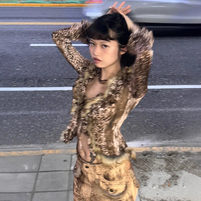 Japanese Animal Print Faux Leather Blazer Jacket