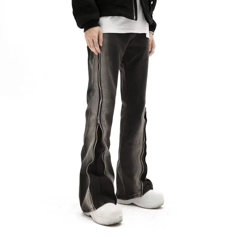 Zipper Flared Washed Jeans