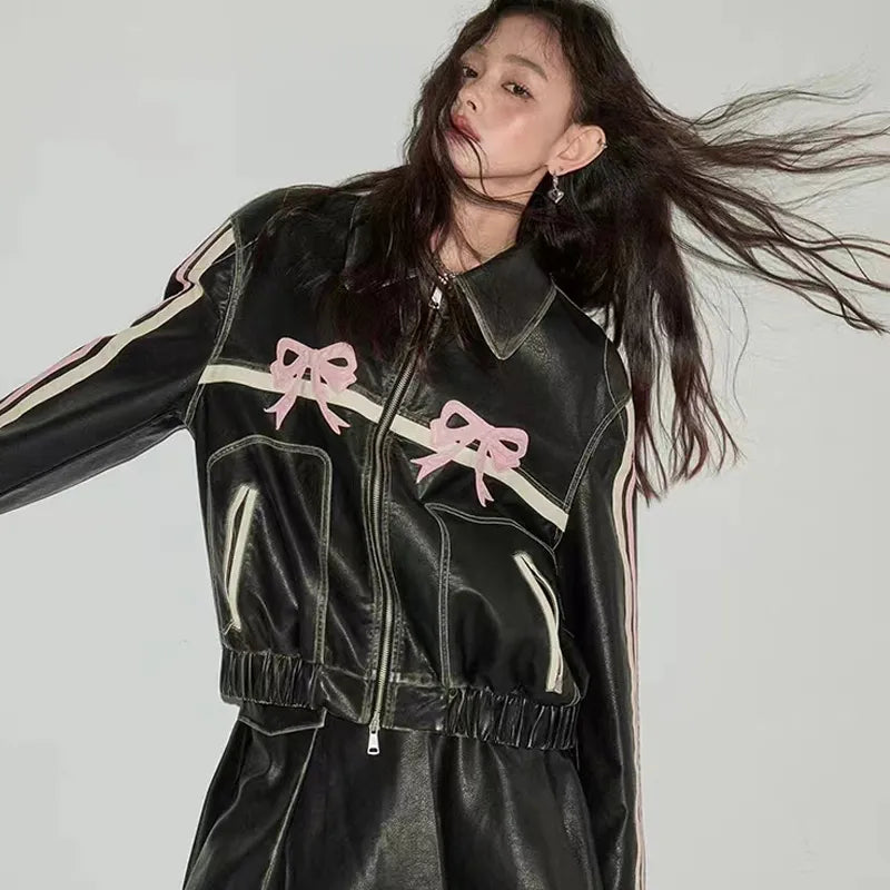 Coquette Bow Faux Leather Jacket