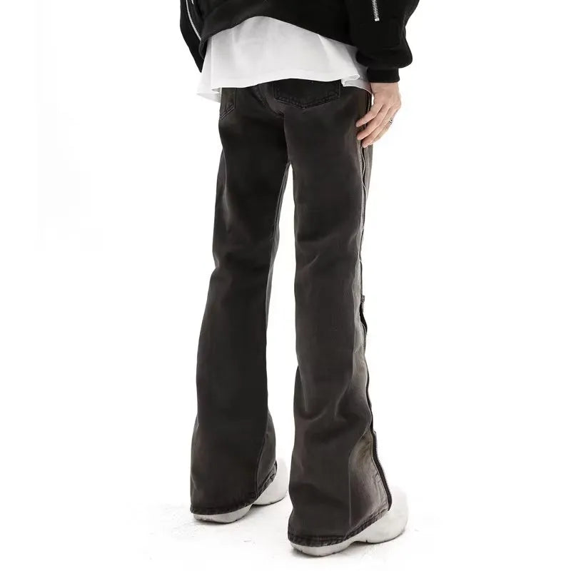 Zipper Flared Washed Jeans