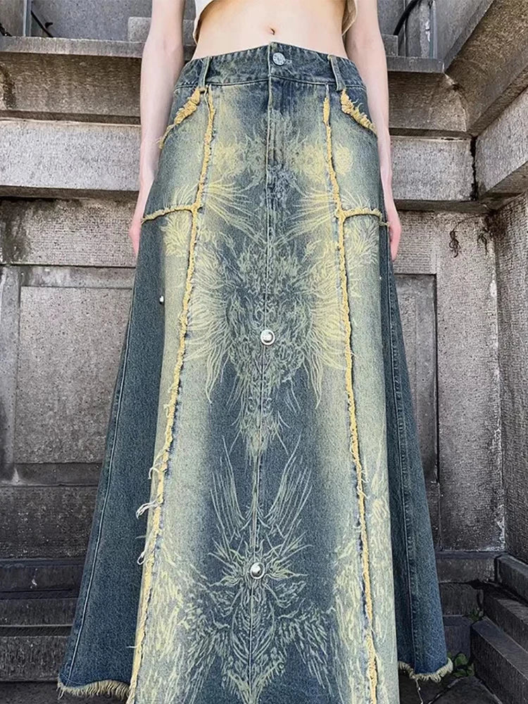 Rhinestones Patchwork Denim Long Skirt
