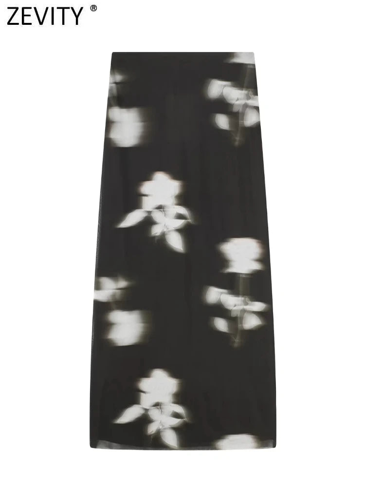 Floral Print Mesh Long Skirt