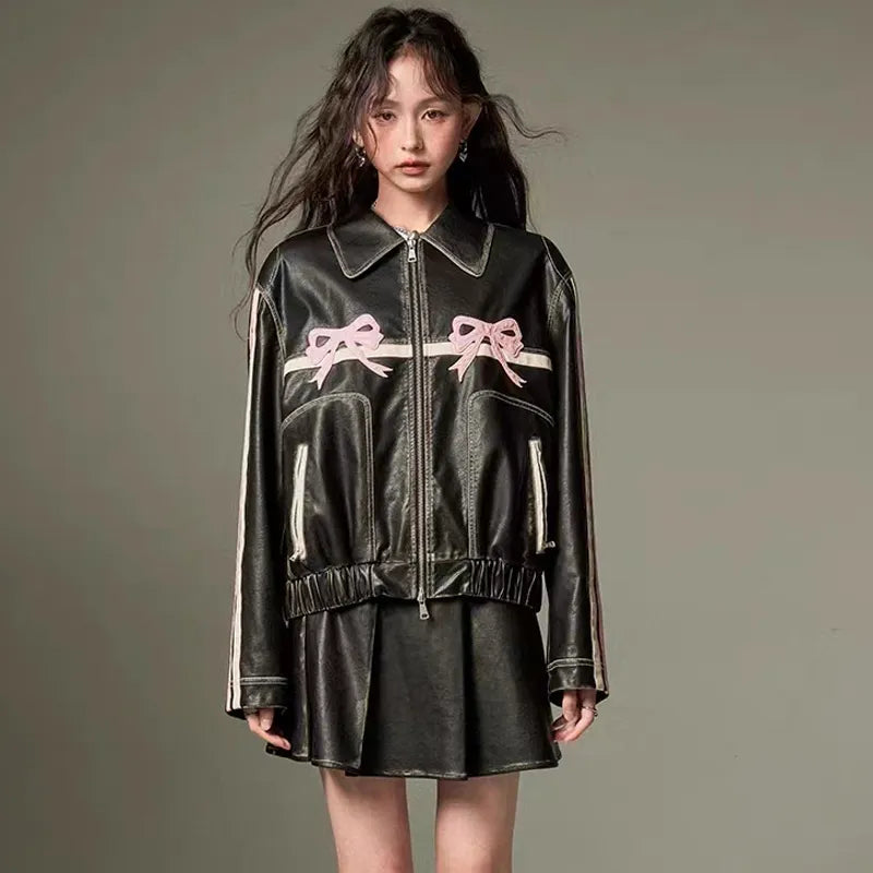 Coquette Bow Faux Leather Jacket