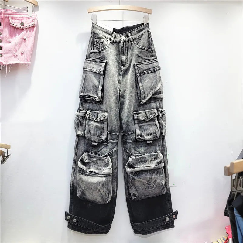 Gradient Multiple Pockets Baggy Jeans