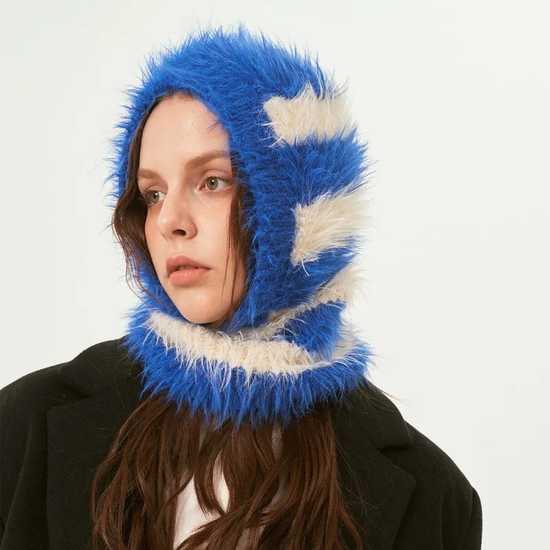 Contrast Fluffy Mohair Balaclava Hat
