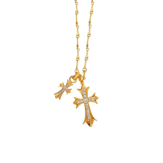 Silver and Gold Cross Rhinestones Necklace