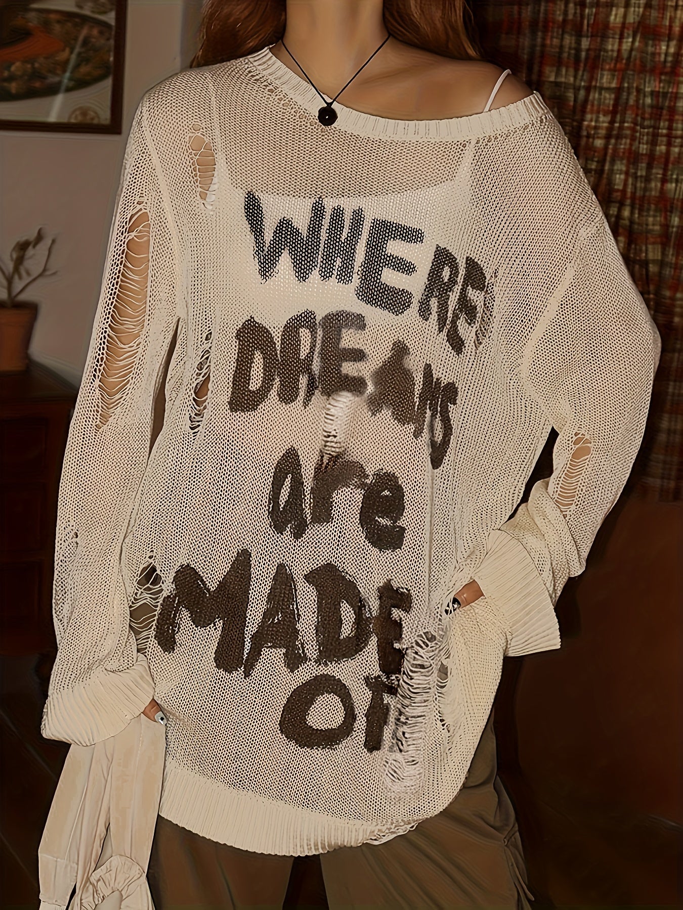 Letter Pattern Ripped Knit Sweater