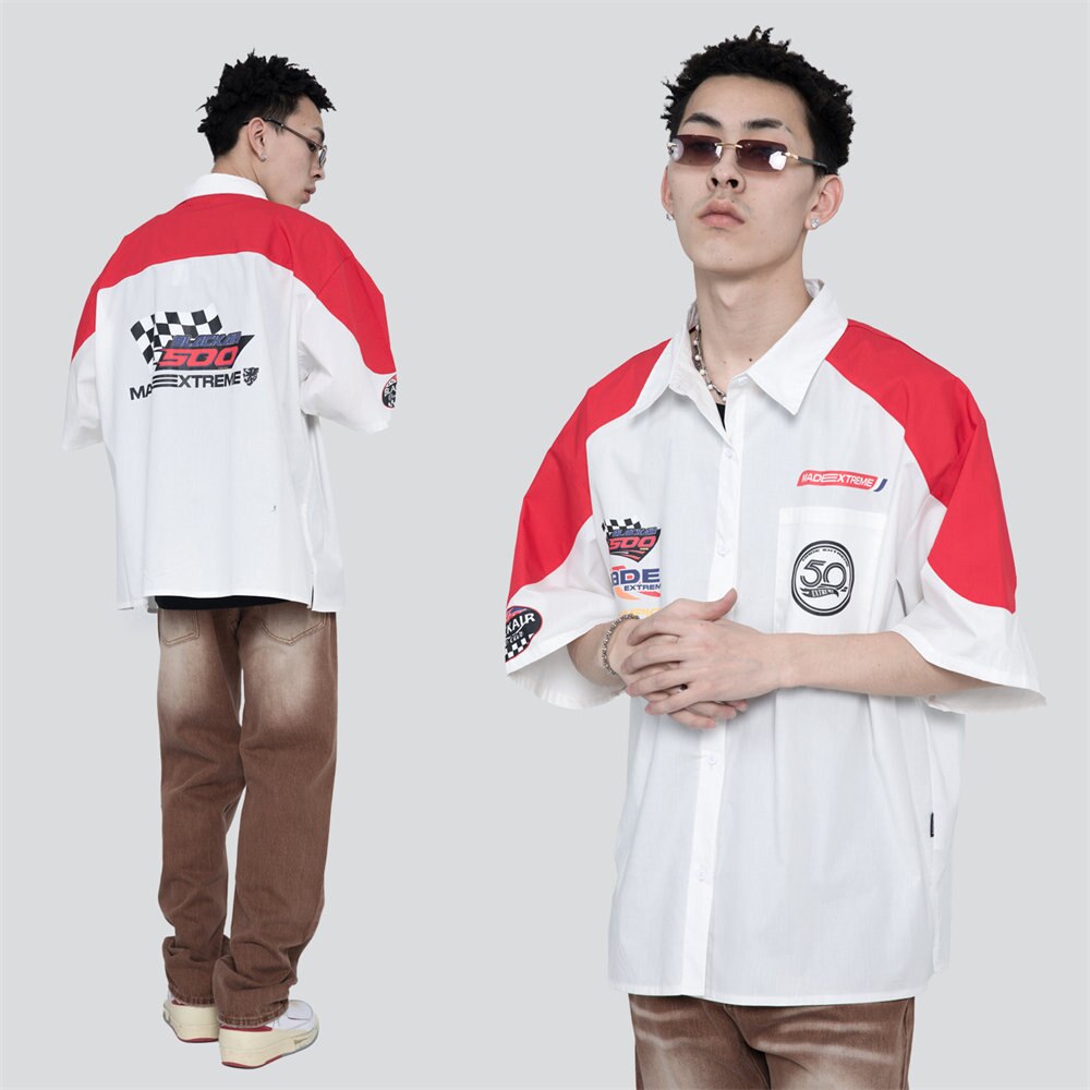 Racer Patchwork Oversized Shirt, Y2K - Tisso Clothing