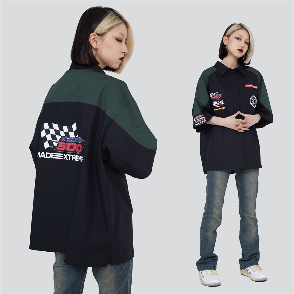 Racer Patchwork Oversized Shirt, Y2K - Tisso Clothing