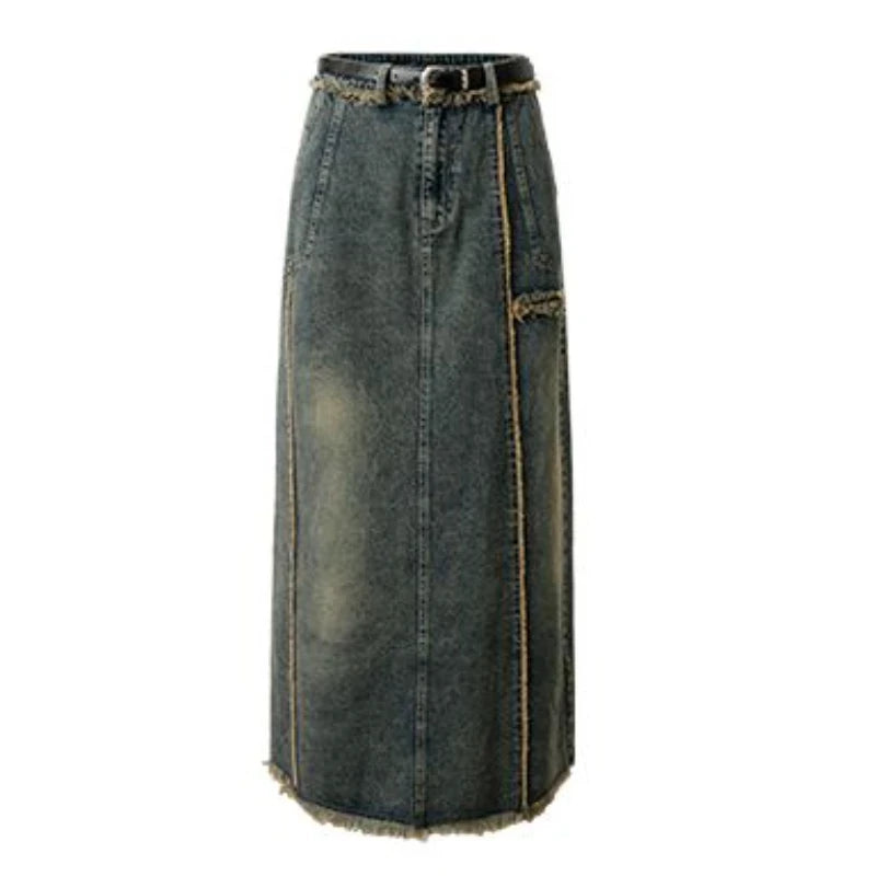 Patchwork Denim Washed Long Skirt