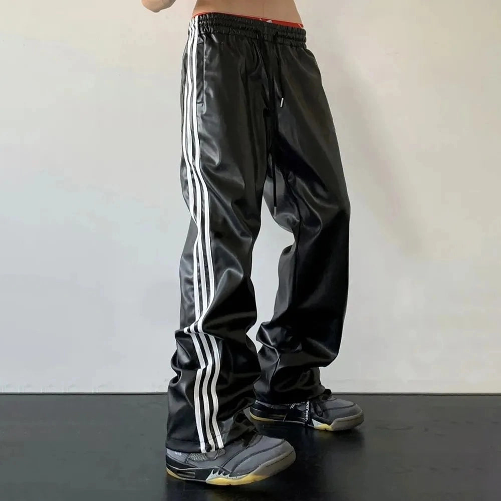 PU Leather Three Stripes Loose Pants