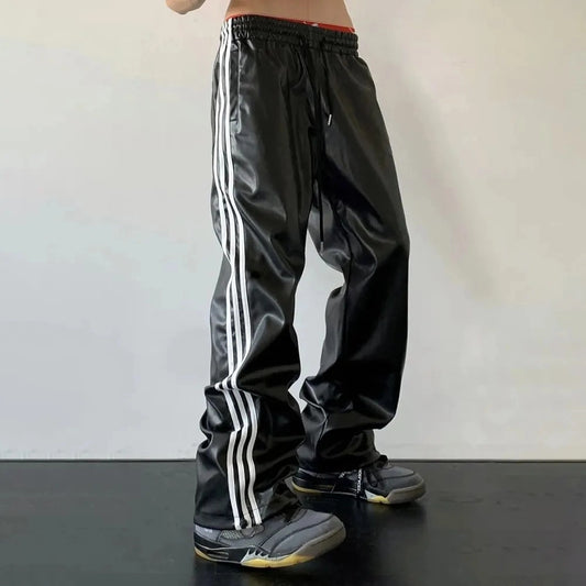 PU Leather Three Stripes Loose Pants