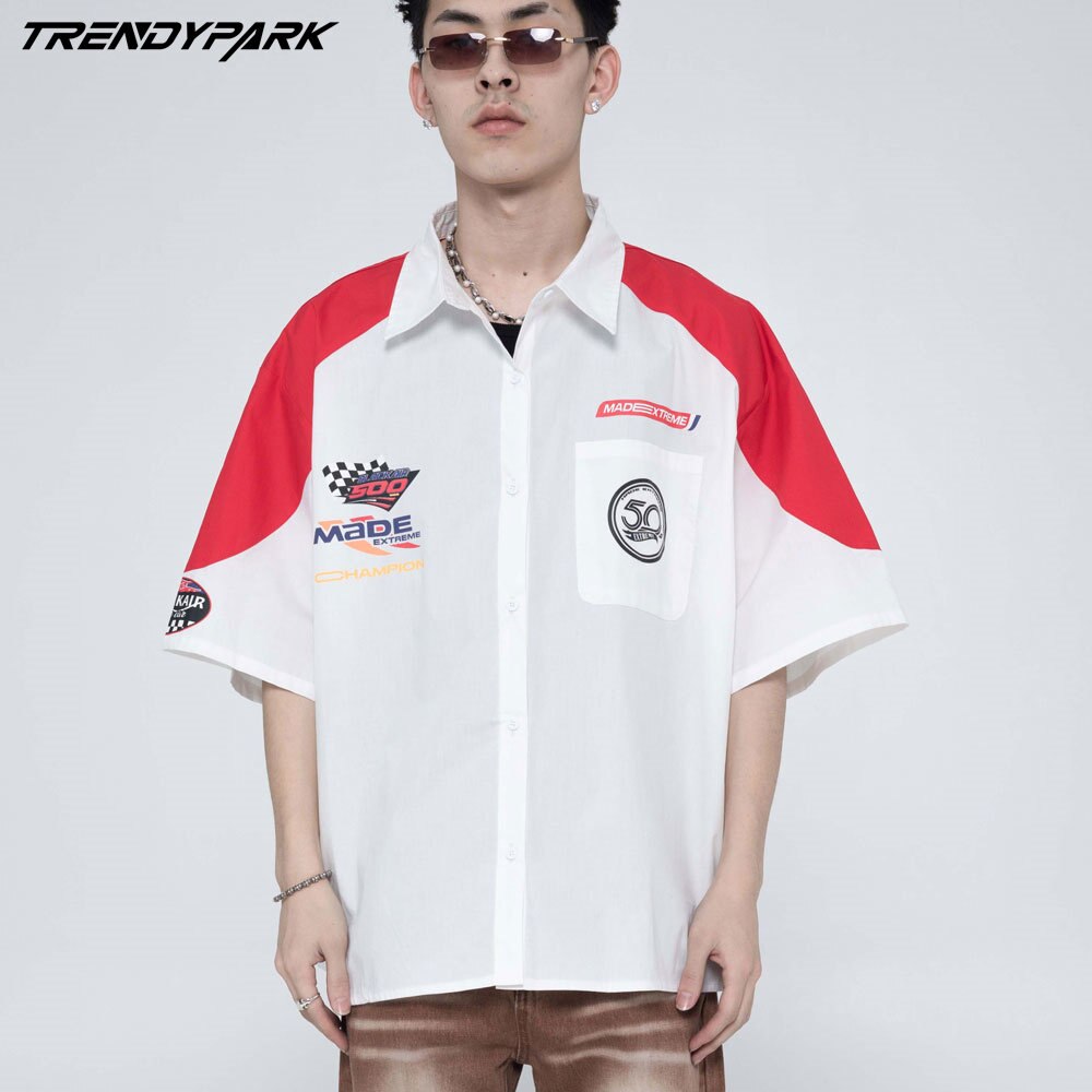 Racer Patchwork Oversized Shirt, Y2K - Tisso Clothing