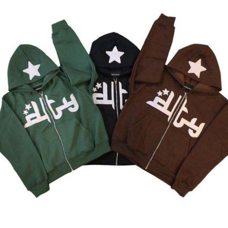 Star Letter Print Zipper Hoodies