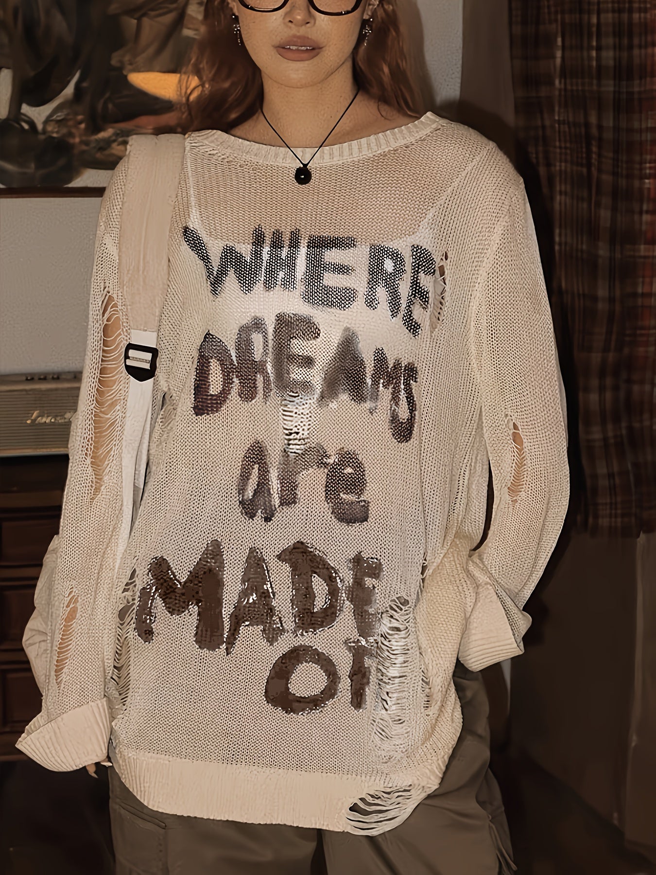 Letter Pattern Ripped Knit Sweater