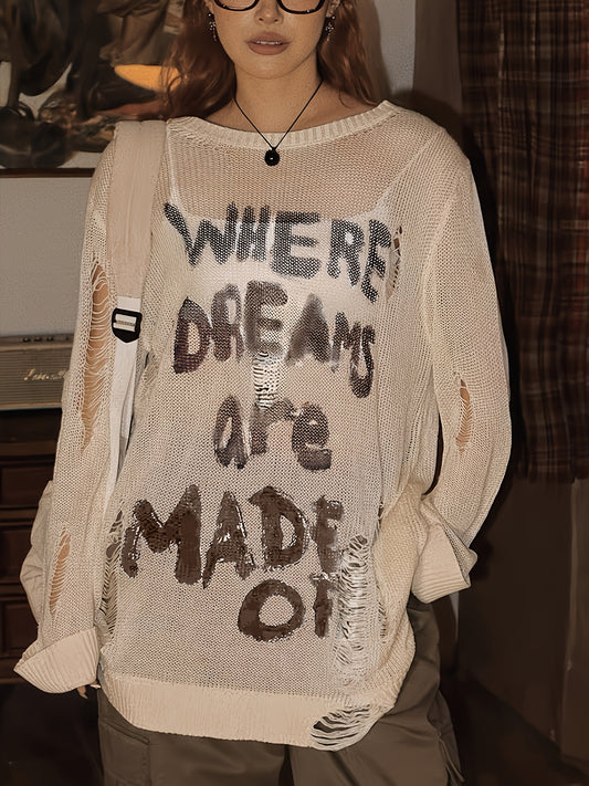 Letter Pattern Ripped Knit Sweater