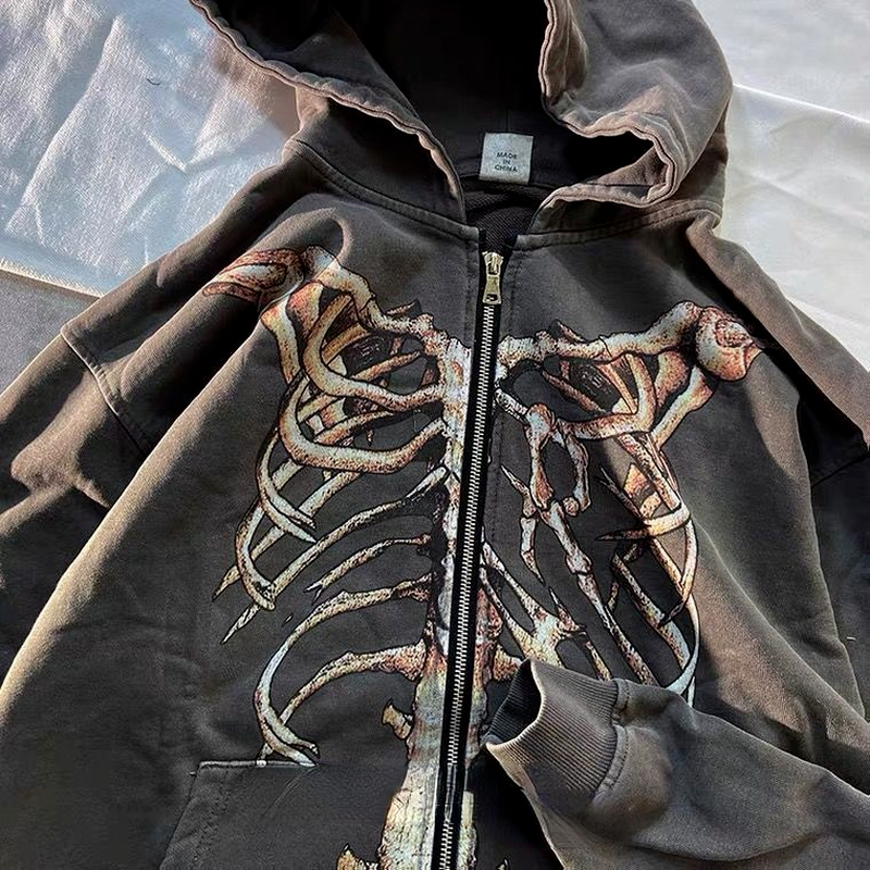 Skeleton Zipper Hoodie, Grunge, Goth - Tisso Clothing
